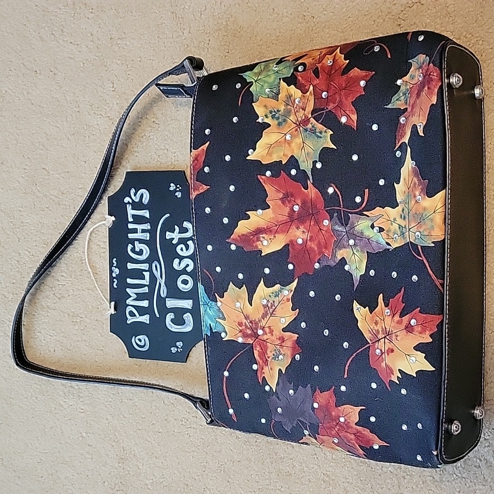 Beaded Fall Leaves Purse Black Orange Tan Green Vintage